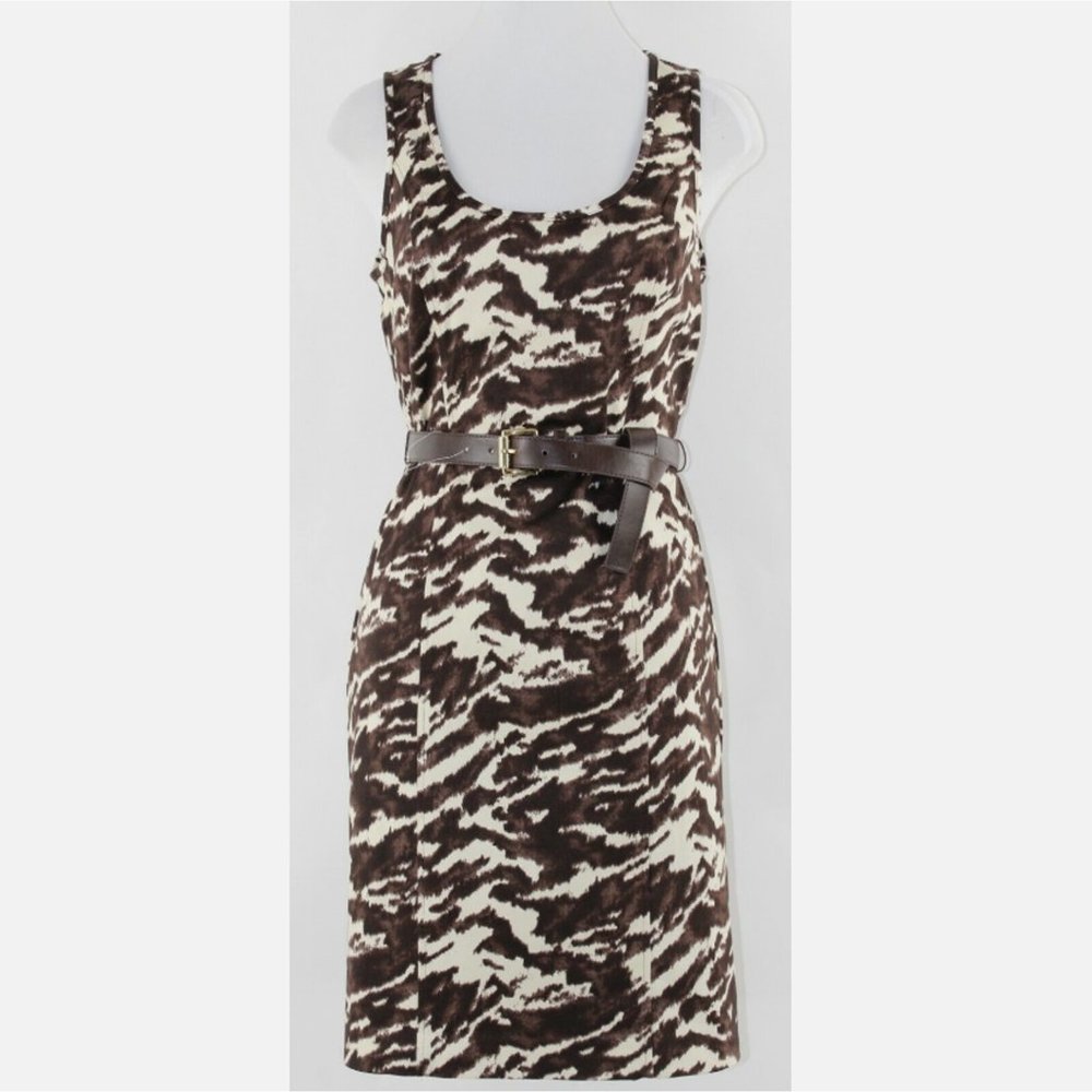 NEW Michael Kors Size 4 Brown Ivory Belted Cut Out Zip Cotton Blend Dress $150